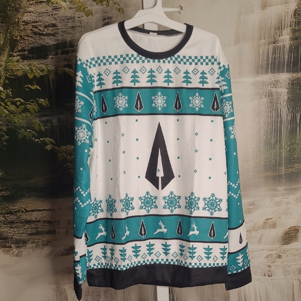 New! Mens Large Teal and White Festive Ugly Christmas Sweater